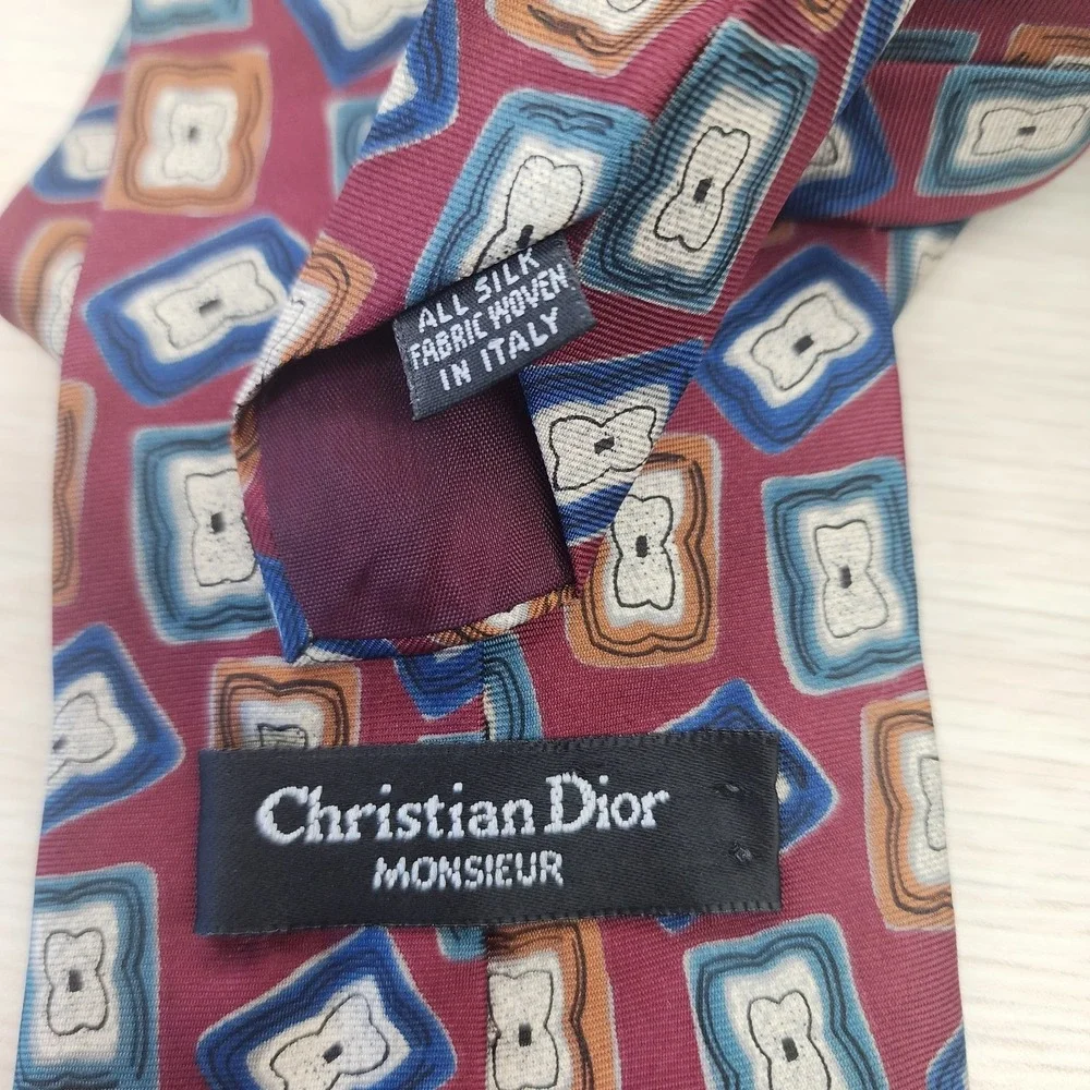 Christian Dior Monsieur Silk Tie‎ Woven in Italy Geometric Pattern Burgundy Blue
